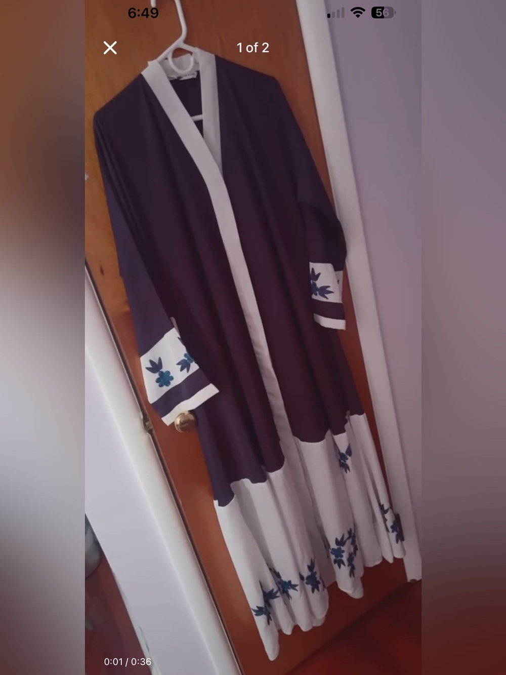 Long Two-Tone abaya  with Floral Trim - navy blue & White